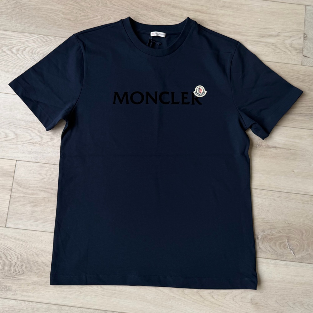 Moncler Men's Navy Blue Flocked Logo T-Shirt — Luxury Designer Tee - Picture 3 of 5